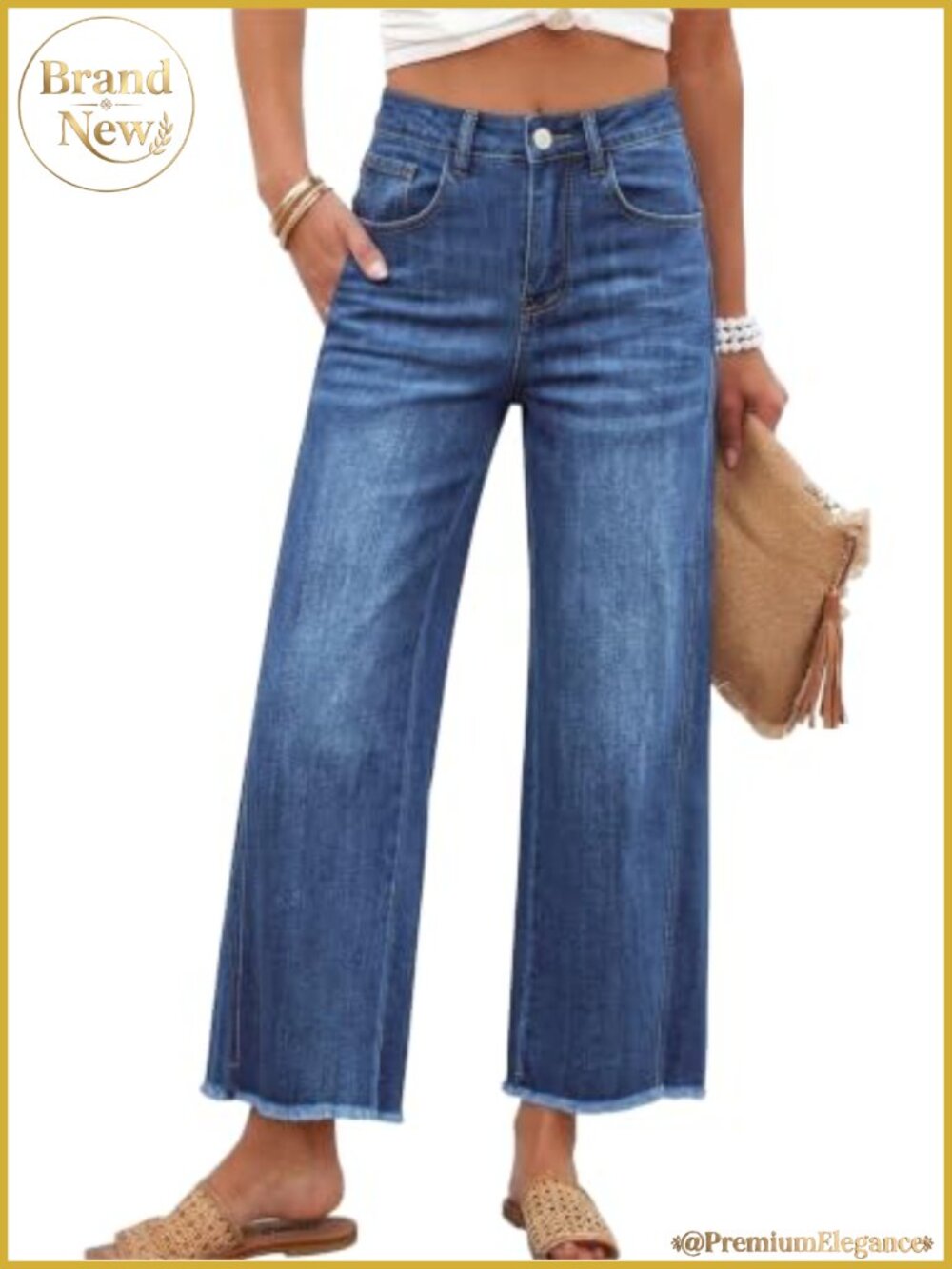 High Waisted Baggy Wide Leg Cropped Jeans Raw Hem Stretchy Cotton